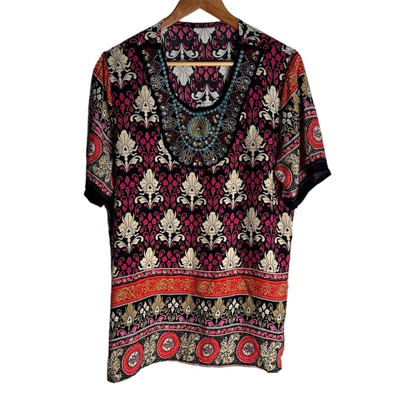 Women’s Embroidered Sequin Multi-Colour Print Boho Top Large - Picture 1 of 7